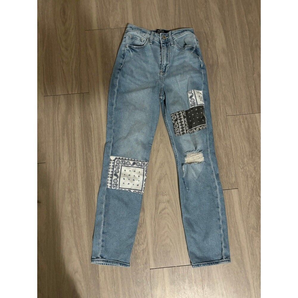 HOLLISTER WOMEN'S LIGHT WASH MOM JEAN ULTRA HIGH RISE BANDANA RIPPED 00R 23/27